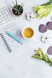 Office Supplies Prints: Workplace with cup of coffee, empty notebook