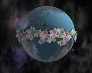 European Union Crisis Prints: World globe and euro notes