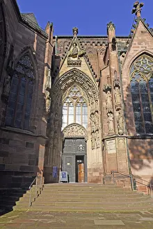 Rhineland Palatinate Landmarks Prints: Worms, Germany, October 2019: Entrance of historic Roman Catholic St Peter's Cathedral in city Worms Worms