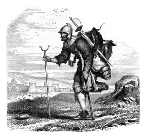 Vintage Engraving Prints: Wounded soldier returning from the war