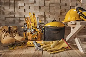 Protective Clothing Image Prints: Yellow Carpenter Working Tools Set On Construction Site