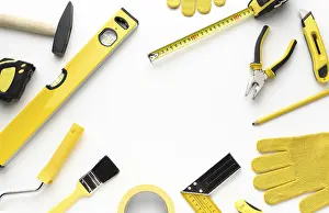 Creative Workspace Design Prints: Yellow tools frame with copy space