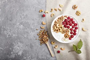 Fresh Fruit And Nuts Prints: Yoghurt with raspberry, granola