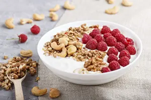 Breakfast Plate Setup Prints: Yoghurt with raspberry, granola