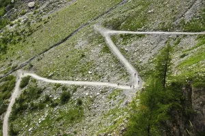 High Angle Mountain Shot Prints: Zigzag path to the Gemmi pass, Leukerbad