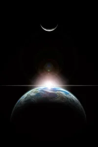 Sunrise in Space Print: A Star Rising Over a Planet and Its Moon